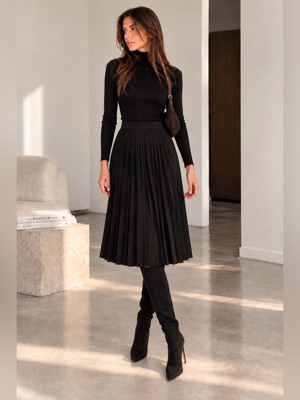 Ipekyol Black Suede-Feel Pleated Midi Skirt – Size 6